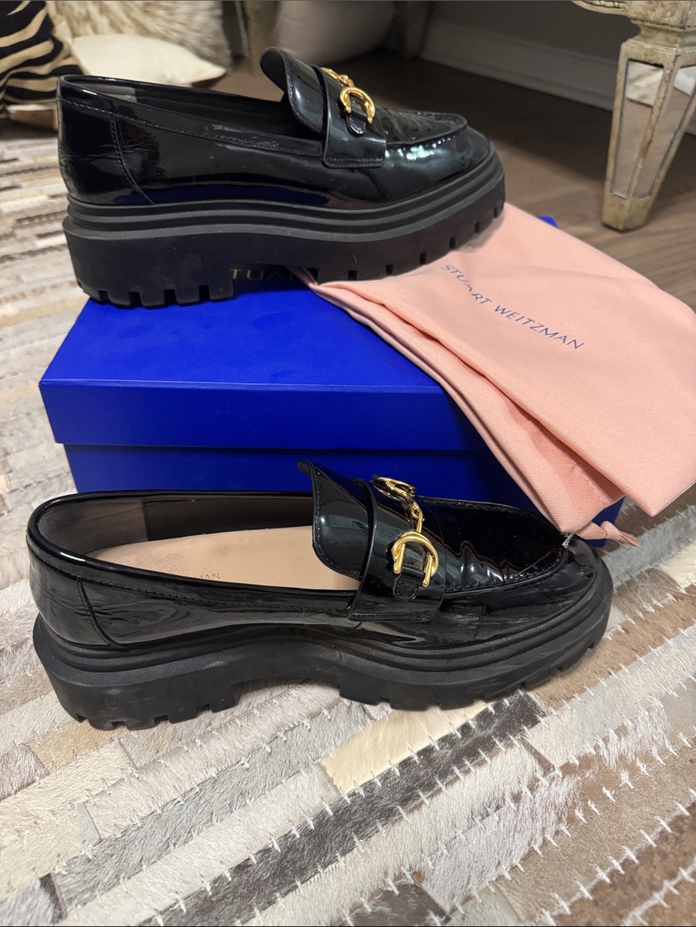 Stuart Weitzman Black Patent Platform Loafers with Gold Hardware